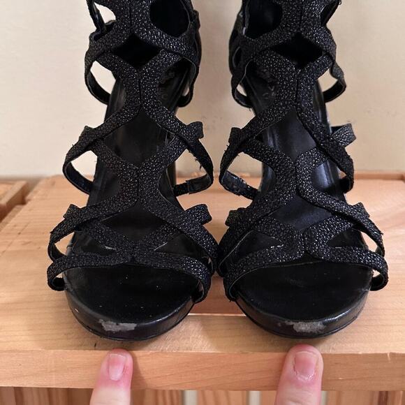 VINCE CAMUTO Cage Black Sparkling Glitter Heels 7.5 Night Out Statement Stiletto - Picture 16 of 16